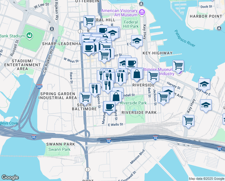 map of restaurants, bars, coffee shops, grocery stores, and more near 1510 Byrd Street in Baltimore