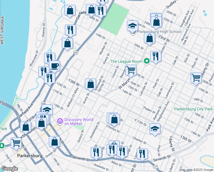 map of restaurants, bars, coffee shops, grocery stores, and more near 1413 Covert Street in Parkersburg