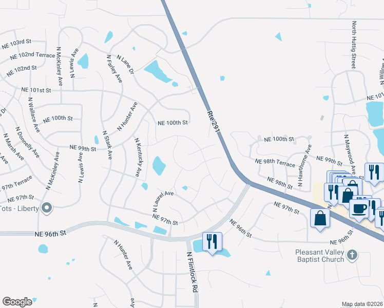 map of restaurants, bars, coffee shops, grocery stores, and more near 9800 Northeast Flintlock Road in Kansas City