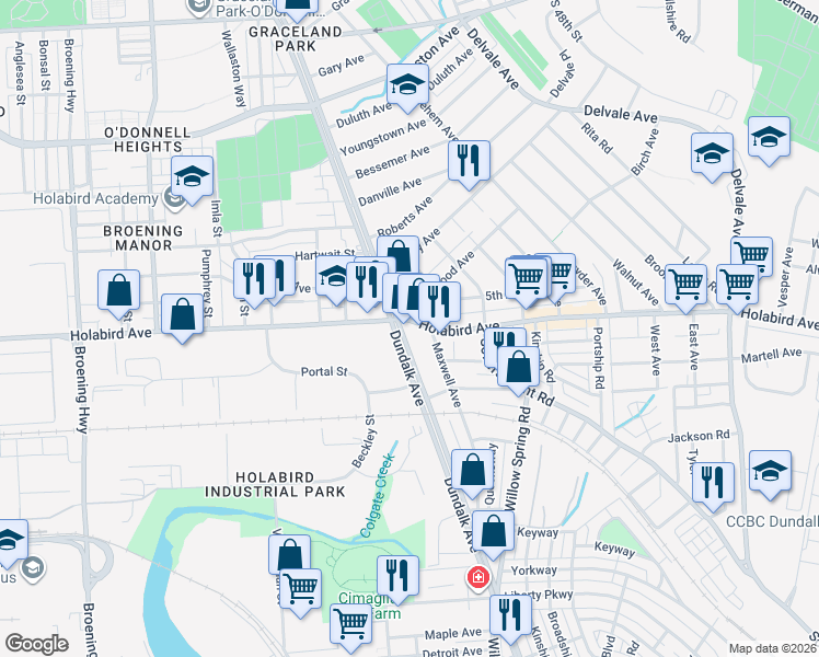 map of restaurants, bars, coffee shops, grocery stores, and more near 6725 Brentwood Ave in Baltimore