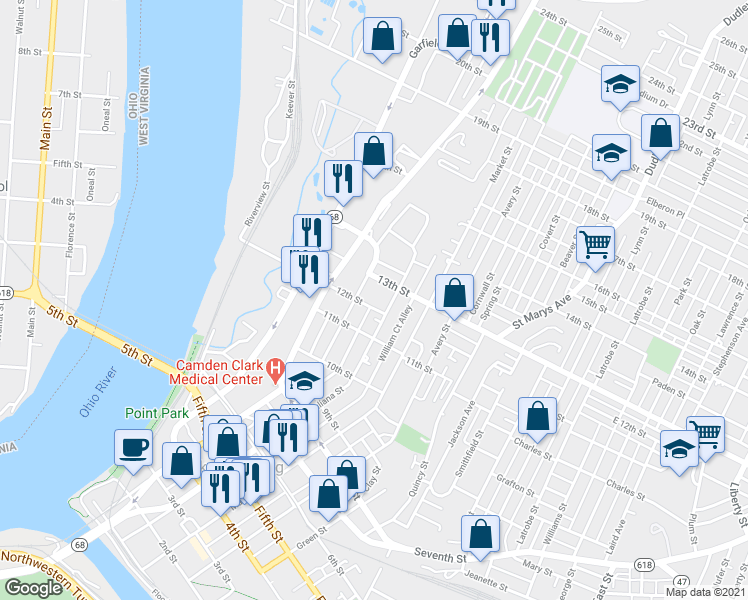 map of restaurants, bars, coffee shops, grocery stores, and more near 115 12th Street in Parkersburg