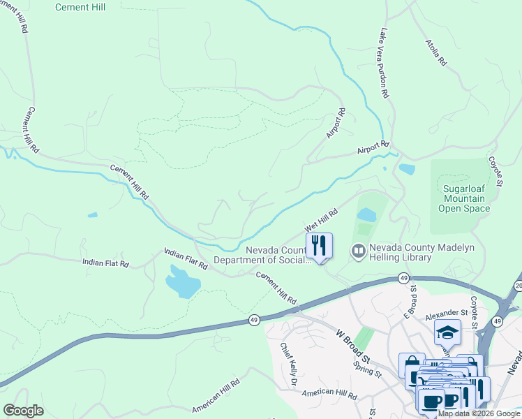 map of restaurants, bars, coffee shops, grocery stores, and more near 10590 West Piper Lane in Nevada City