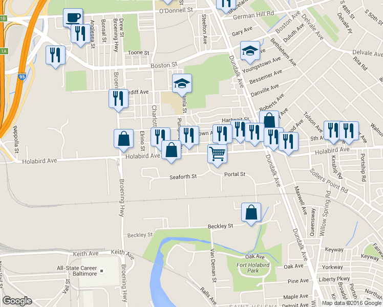 map of restaurants, bars, coffee shops, grocery stores, and more near 6312 Holabird Ave in Baltimore