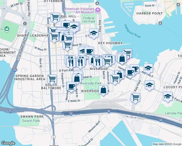 map of restaurants, bars, coffee shops, grocery stores, and more near 1509 Riverside Avenue in Baltimore