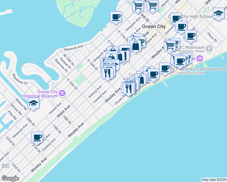 map of restaurants, bars, coffee shops, grocery stores, and more near 1402 Central Avenue in Ocean City