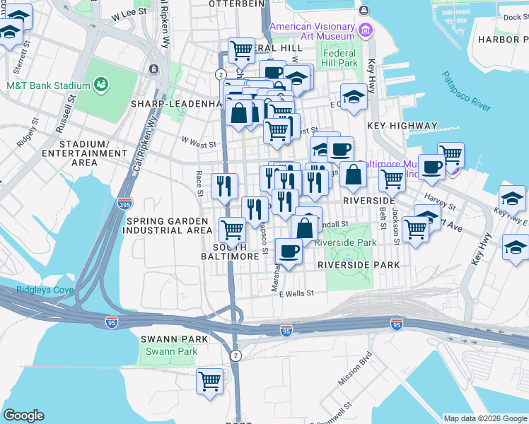 map of restaurants, bars, coffee shops, grocery stores, and more near 1501 Patapsco Street in Baltimore