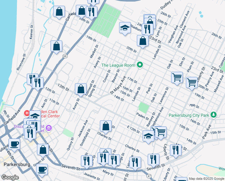 map of restaurants, bars, coffee shops, grocery stores, and more near 1505 Beaver Street in Parkersburg
