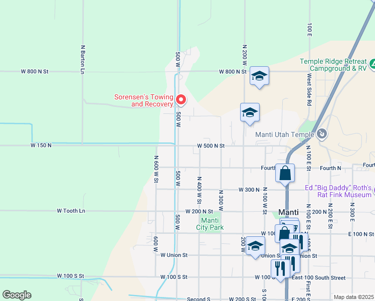 map of restaurants, bars, coffee shops, grocery stores, and more near 420 West 500 North Street in Manti