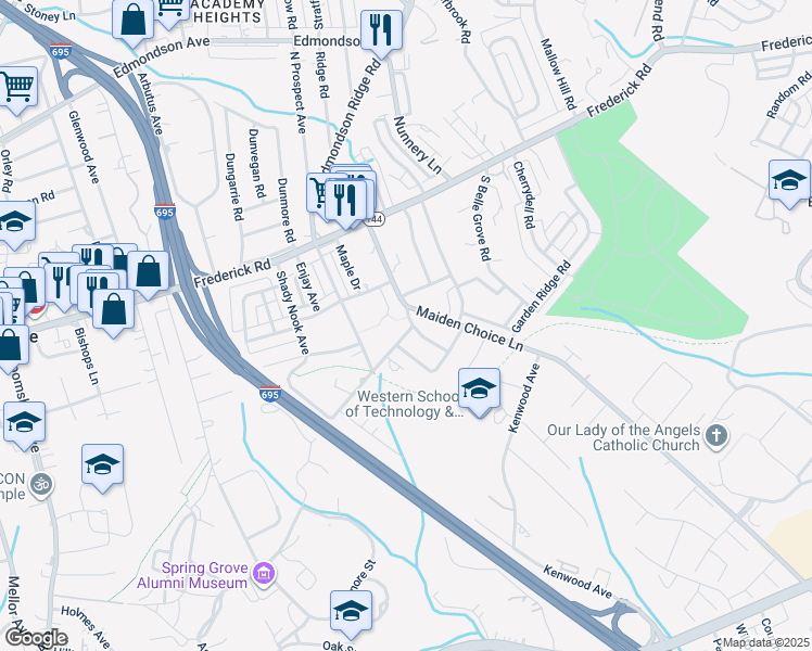 map of restaurants, bars, coffee shops, grocery stores, and more near 115 New Market Court in Catonsville