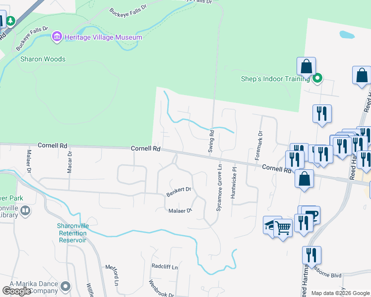 map of restaurants, bars, coffee shops, grocery stores, and more near 4207 Carriagelite Drive in Cincinnati