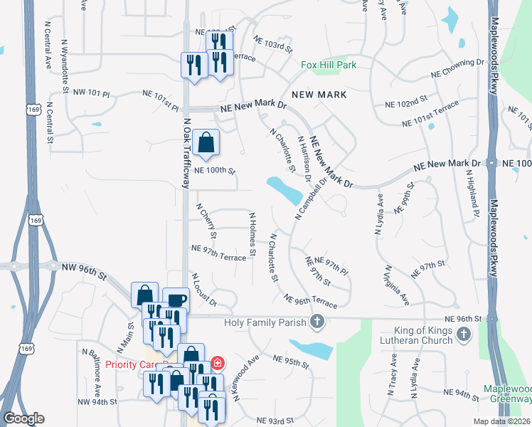 map of restaurants, bars, coffee shops, grocery stores, and more near 700 Northeast 98th Terrace in Kansas City