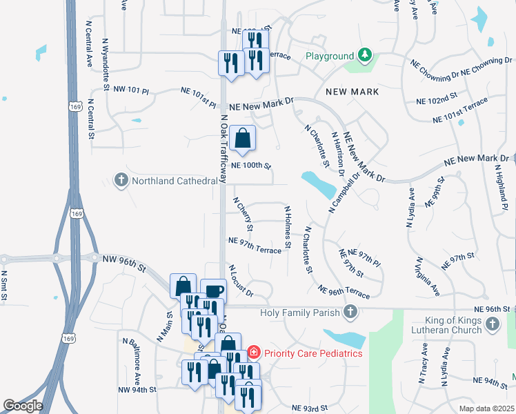 map of restaurants, bars, coffee shops, grocery stores, and more near 509 Northeast 98th Terrace in Kansas City