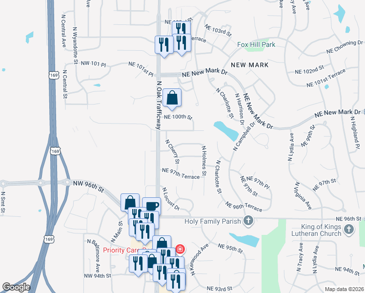map of restaurants, bars, coffee shops, grocery stores, and more near 509 Northeast 98th Terrace in Kansas City