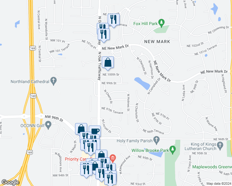 map of restaurants, bars, coffee shops, grocery stores, and more near 515 Northeast 98th Terrace in Kansas City