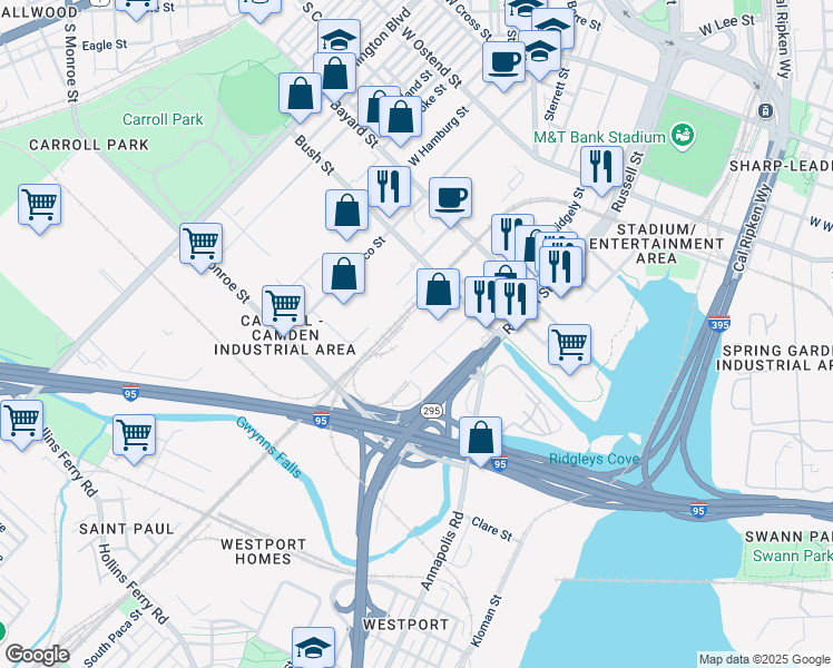 map of restaurants, bars, coffee shops, grocery stores, and more near 1700 Ridgely Street in Baltimore