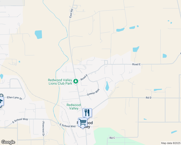 map of restaurants, bars, coffee shops, grocery stores, and more near Road East (~26 segments) in Redwood Valley