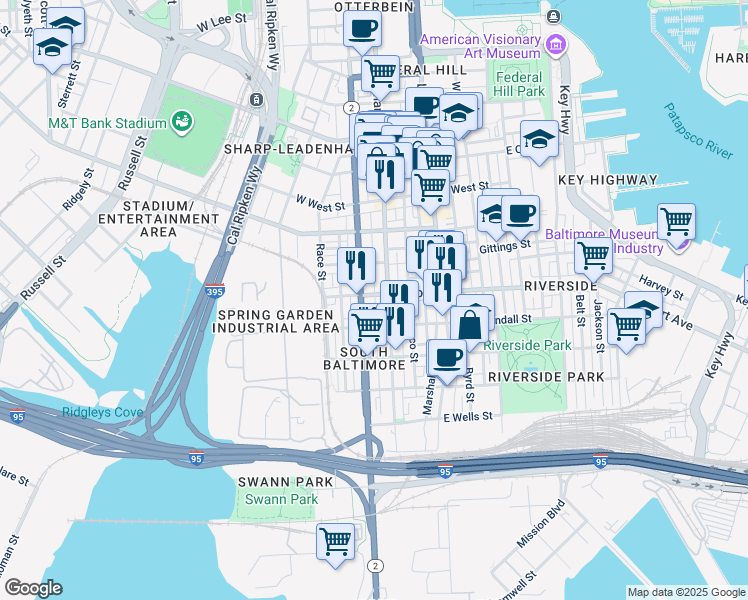 map of restaurants, bars, coffee shops, grocery stores, and more near 13 East Fort Avenue in Baltimore