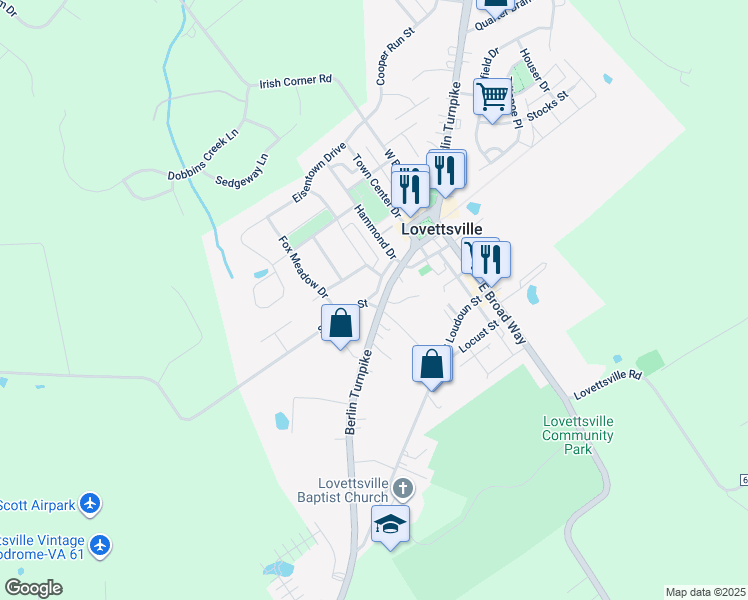 map of restaurants, bars, coffee shops, grocery stores, and more near 11 Kirche Street in Lovettsville