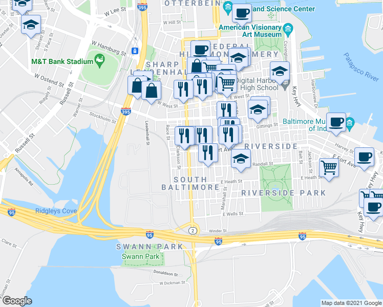 map of restaurants, bars, coffee shops, grocery stores, and more near 1503 South Hanover Street in Baltimore