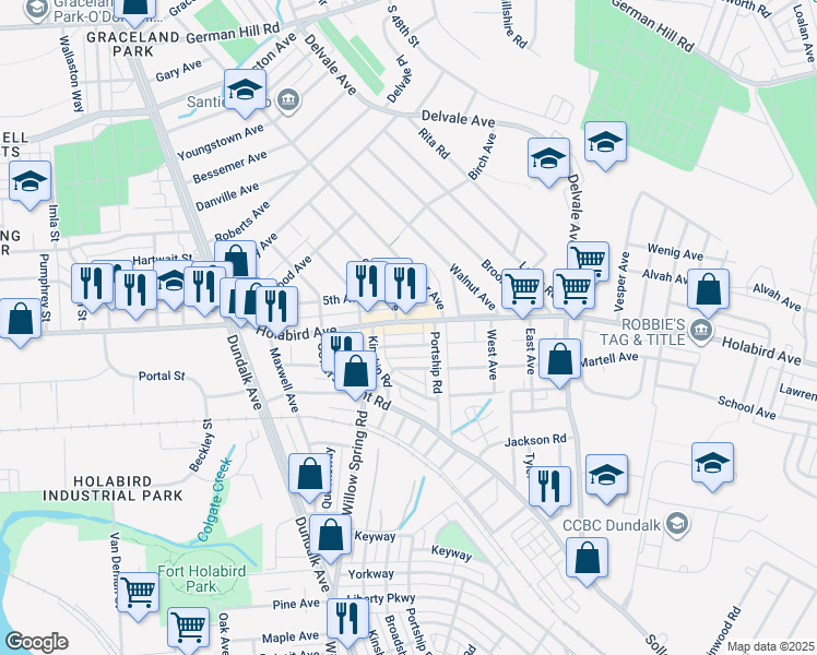 map of restaurants, bars, coffee shops, grocery stores, and more near 6911 Holabird Avenue in Dundalk
