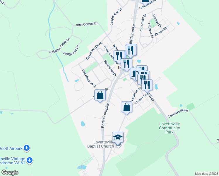 map of restaurants, bars, coffee shops, grocery stores, and more near 11 Kirche Street in Lovettsville