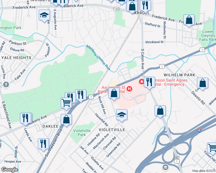 map of restaurants, bars, coffee shops, grocery stores, and more near 3484 Wilkens Avenue in Baltimore