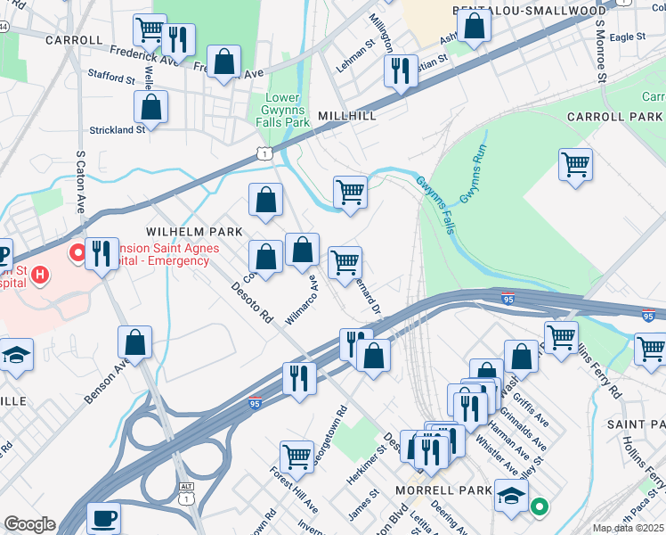 map of restaurants, bars, coffee shops, grocery stores, and more near 1200 Bernard Drive in Baltimore