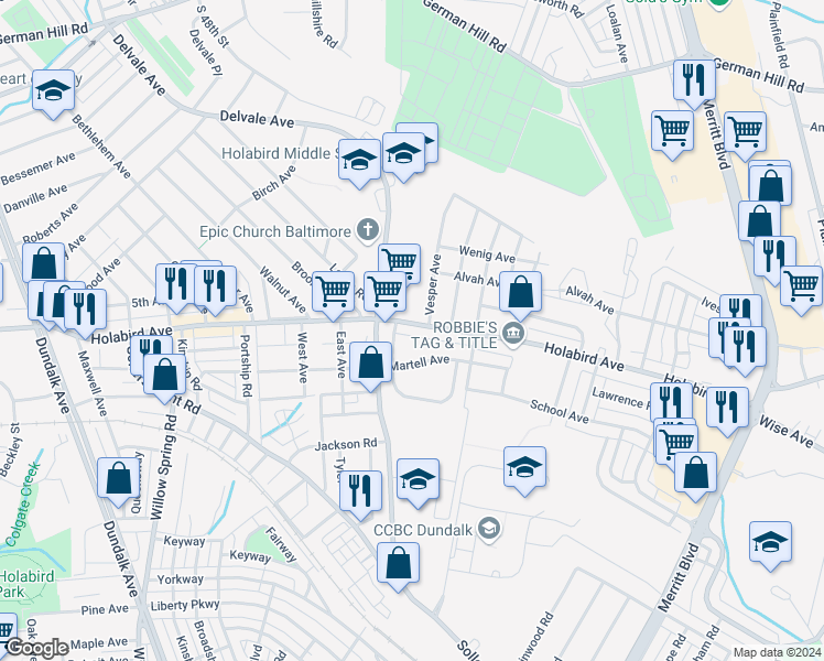map of restaurants, bars, coffee shops, grocery stores, and more near 7235 Holabird Avenue in Dundalk