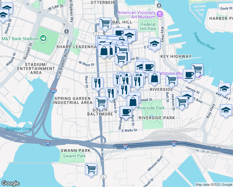 map of restaurants, bars, coffee shops, grocery stores, and more near 29 East Fort Avenue in Baltimore