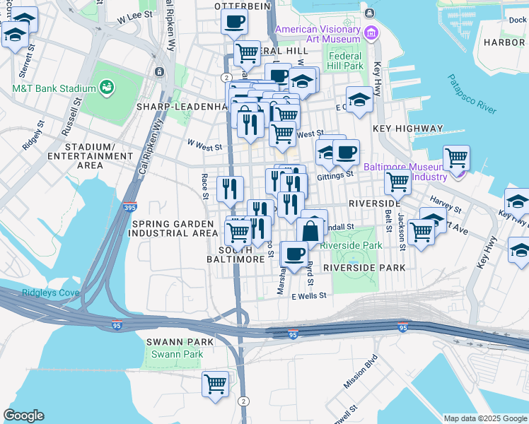 map of restaurants, bars, coffee shops, grocery stores, and more near 13 East Fort Avenue in Baltimore