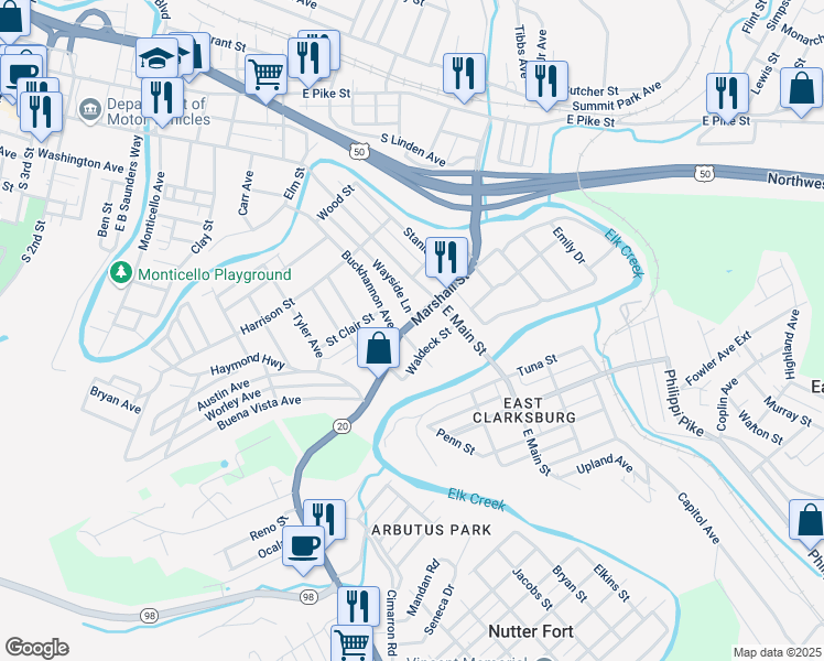 map of restaurants, bars, coffee shops, grocery stores, and more near 410 Buckhannon Avenue in Clarksburg