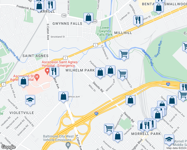 map of restaurants, bars, coffee shops, grocery stores, and more near 1036 Wilmington Avenue in Baltimore