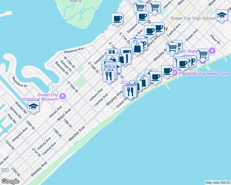 map of restaurants, bars, coffee shops, grocery stores, and more near 1402 Central Avenue in Ocean City