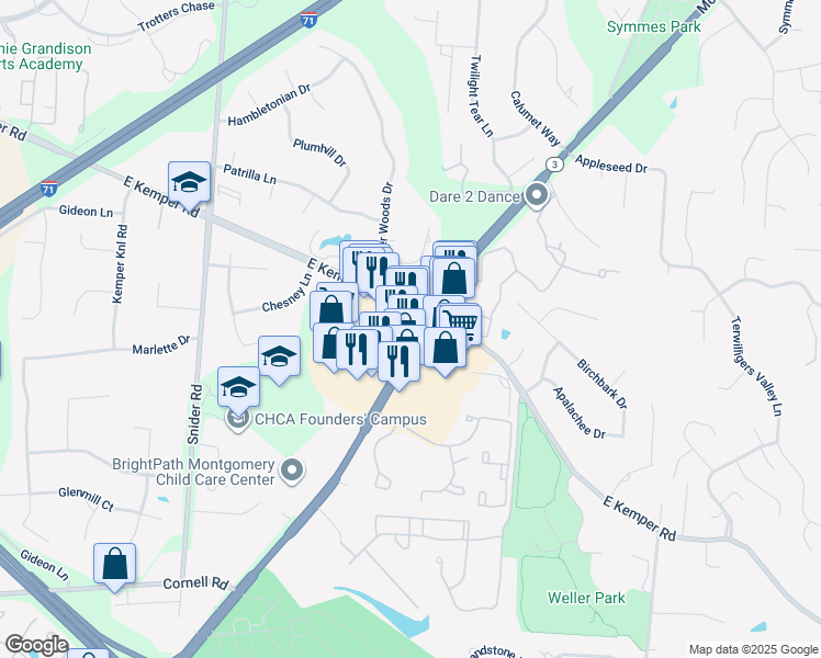 map of restaurants, bars, coffee shops, grocery stores, and more near 11383 Montgomery Road in Cincinnati