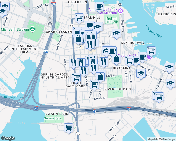 map of restaurants, bars, coffee shops, grocery stores, and more near 29 East Fort Avenue in Baltimore