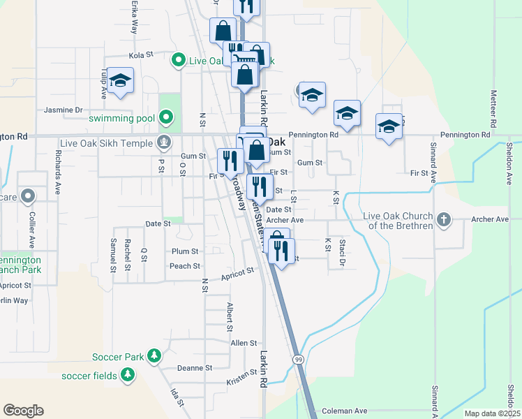 map of restaurants, bars, coffee shops, grocery stores, and more near 9731 Live Oak Boulevard in Live Oak