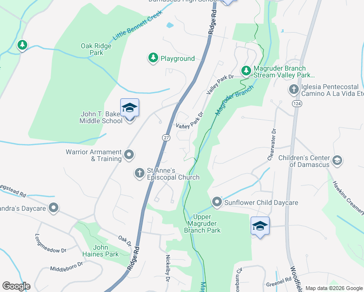 map of restaurants, bars, coffee shops, grocery stores, and more near 25309 Damascus Park Terrace in Damascus