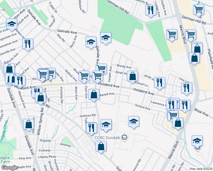map of restaurants, bars, coffee shops, grocery stores, and more near 7241 Holabird Avenue in Dundalk