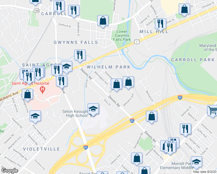 map of restaurants, bars, coffee shops, grocery stores, and more near 1034 Wilmington Avenue in Baltimore