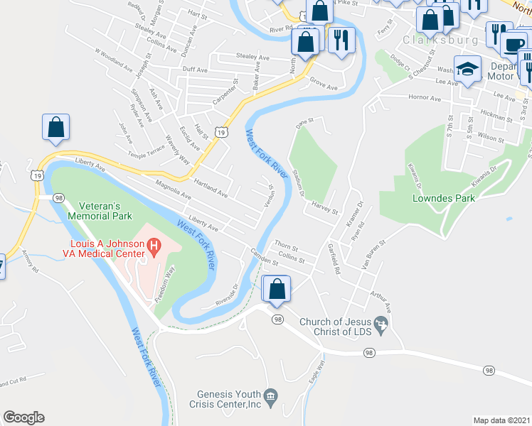 map of restaurants, bars, coffee shops, grocery stores, and more near 798 Verdun Street in Clarksburg