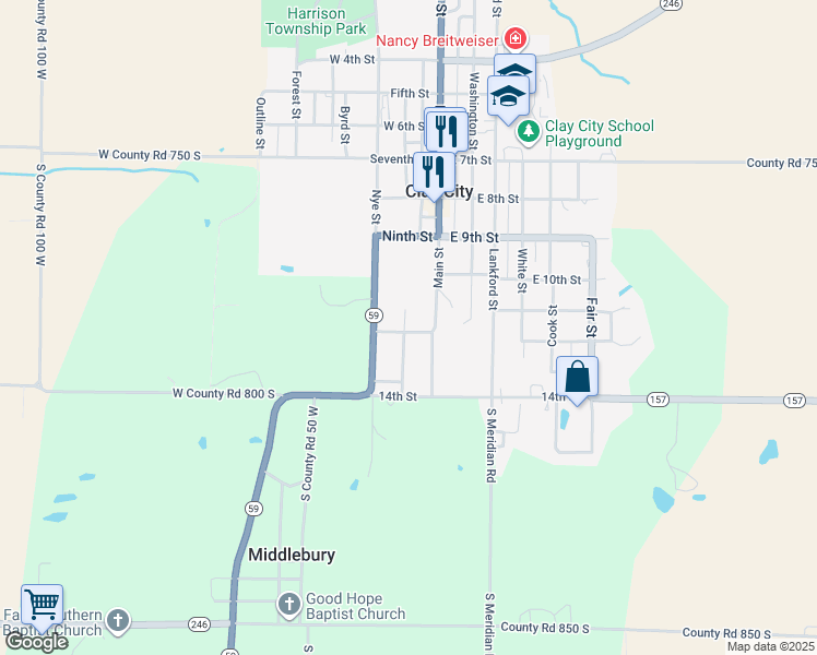 map of restaurants, bars, coffee shops, grocery stores, and more near 110 Poplar Street in Clay City