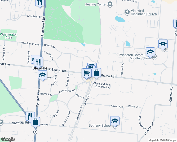 map of restaurants, bars, coffee shops, grocery stores, and more near 1043 Greenville Avenue in Cincinnati