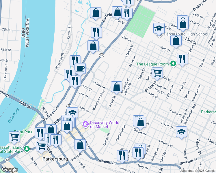 map of restaurants, bars, coffee shops, grocery stores, and more near 1312 Juliana Street in Parkersburg