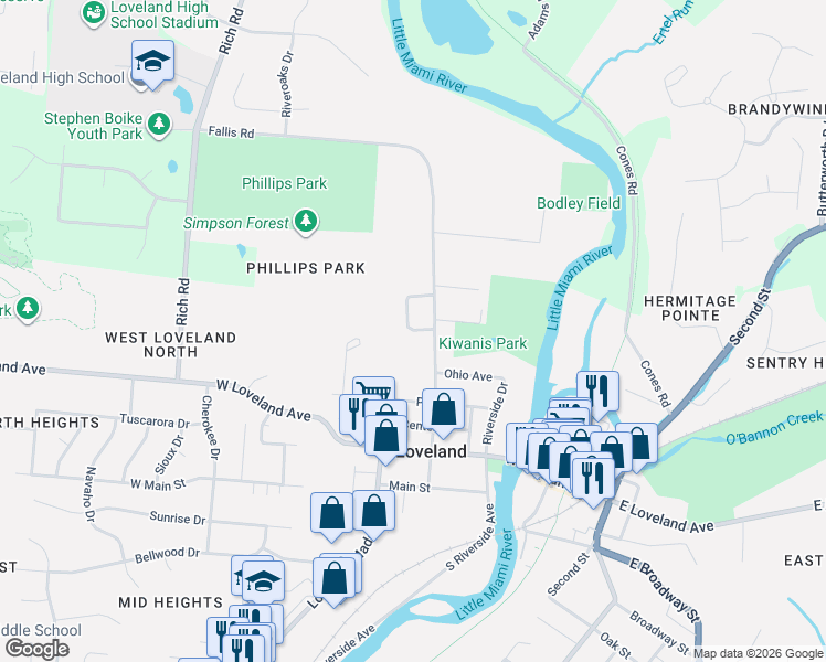 map of restaurants, bars, coffee shops, grocery stores, and more near 307 Wall Street in Loveland