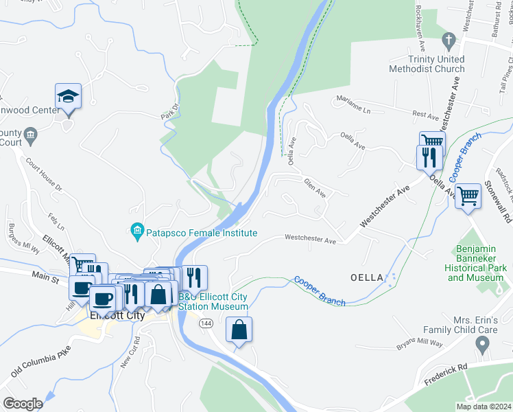map of restaurants, bars, coffee shops, grocery stores, and more near 947 Oella Avenue in Ellicott City