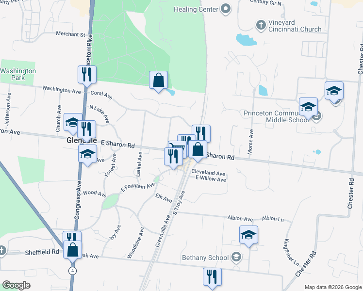 map of restaurants, bars, coffee shops, grocery stores, and more near 1043 Greenville Avenue in Cincinnati