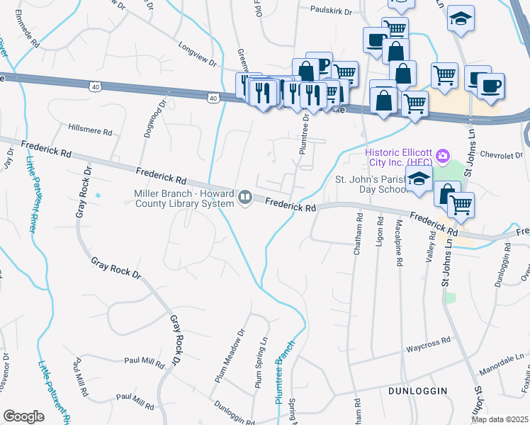 map of restaurants, bars, coffee shops, grocery stores, and more near 9421 Frederick Road in Ellicott City