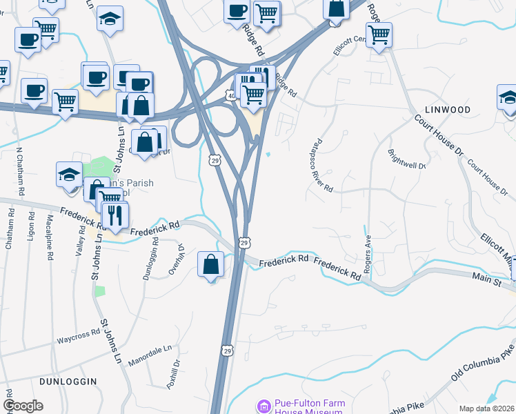 map of restaurants, bars, coffee shops, grocery stores, and more near 8716 Belleau Court in Ellicott City