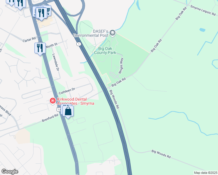 map of restaurants, bars, coffee shops, grocery stores, and more near 585 Big Oak Road in Smyrna