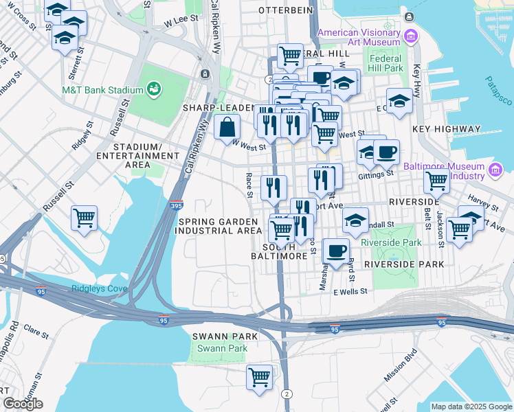map of restaurants, bars, coffee shops, grocery stores, and more near 128 West Fort Avenue in Baltimore